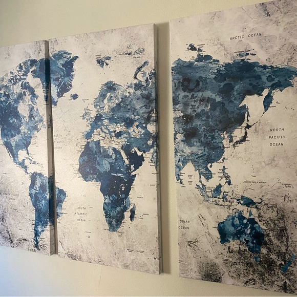 3 piece, world map from Amazon. 16 WX 32H each. Gorgeous blue and gray tones. - Picture 3 of 7